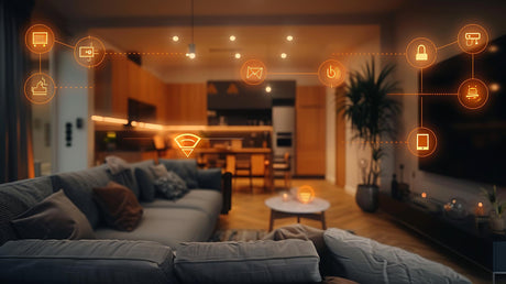 Home interior with smart home icons