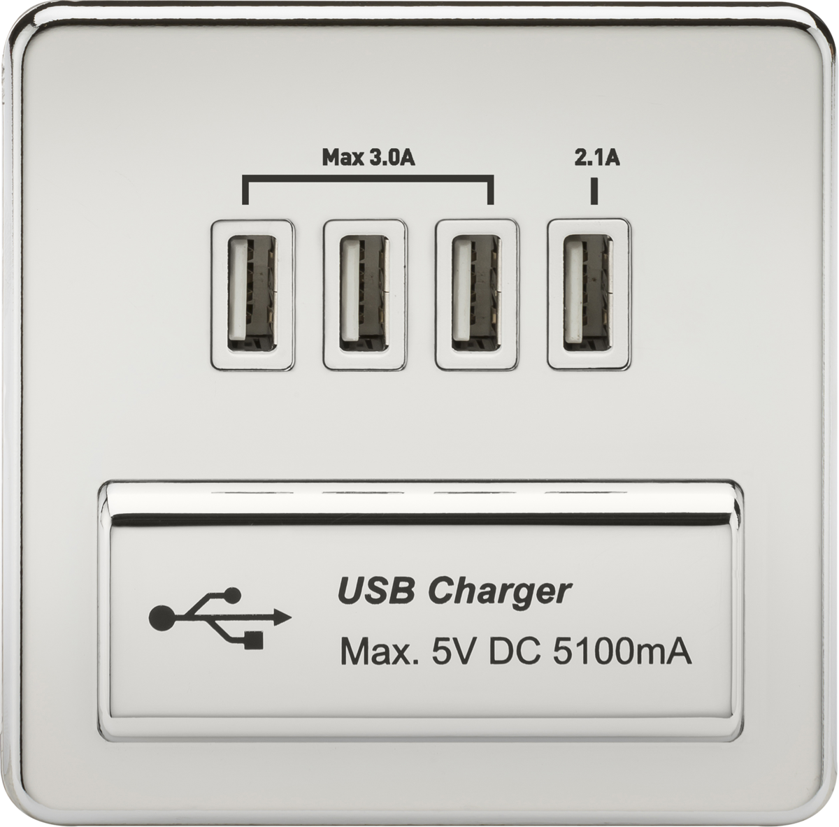 230V Quad USB-A Charger Outlet - Polished Chrome with White Insert