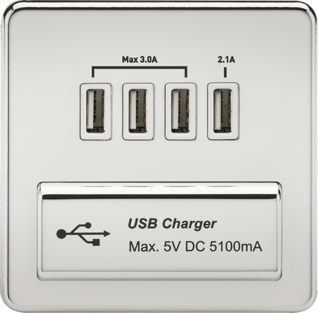 230V Quad USB-A Charger Outlet - Polished Chrome with White Insert