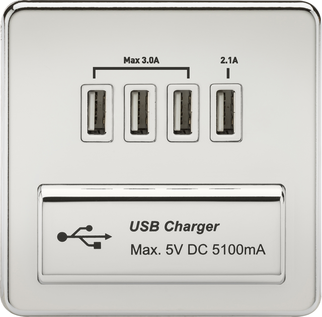 230V Quad USB-A Charger Outlet - Polished Chrome with White Insert
