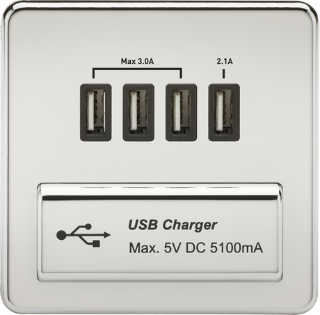 230V Quad USB-A Charger Outlet - Polished Chrome with Black Insert