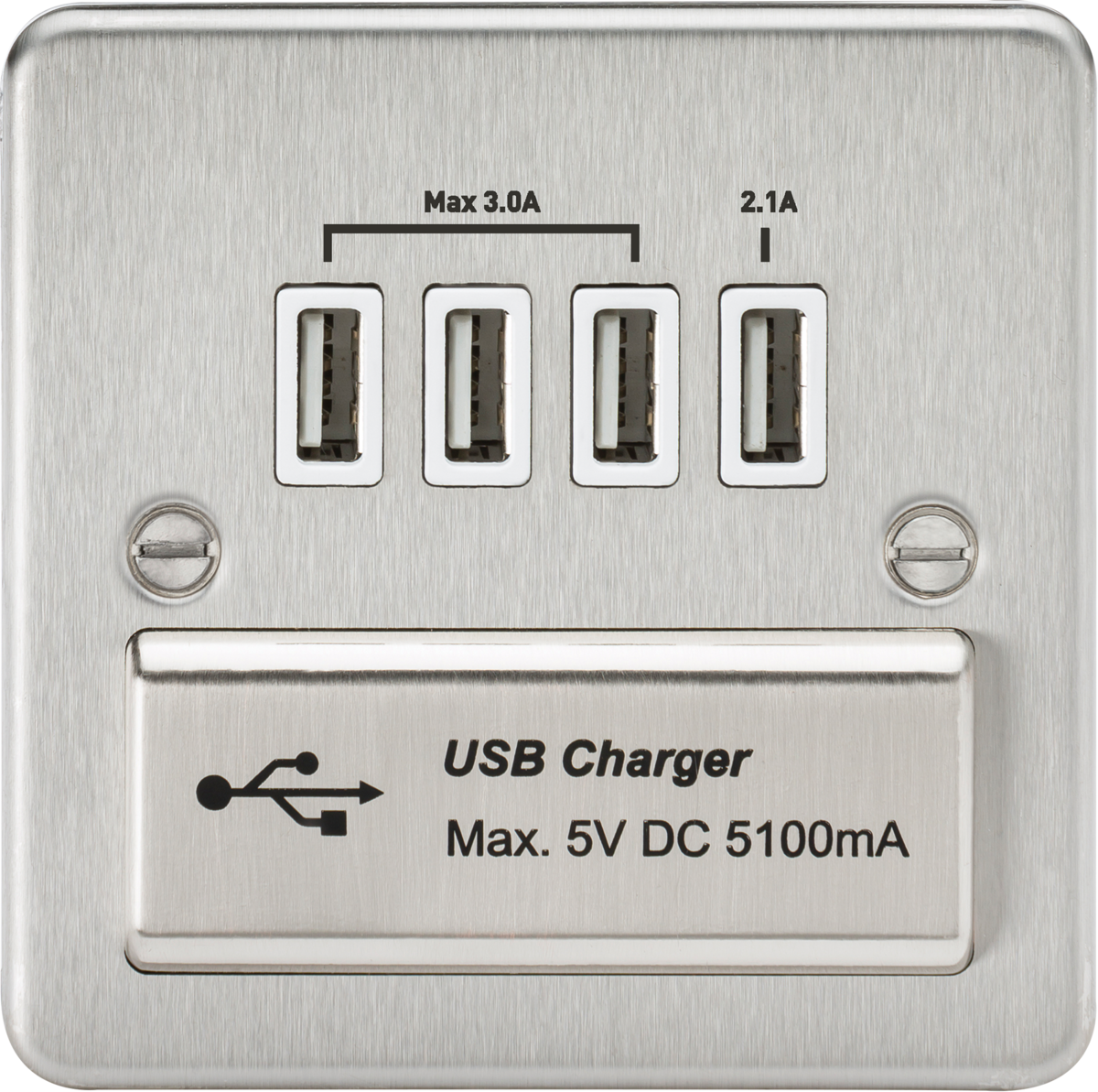 230V Quad USB-A Charger Outlet in Brushed Chrome with White Insert