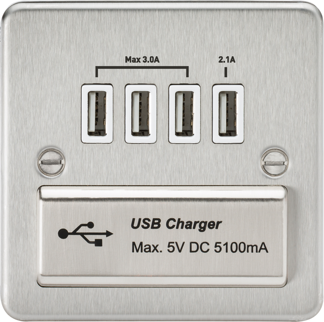 230V Quad USB-A Charger Outlet in Brushed Chrome with White Insert