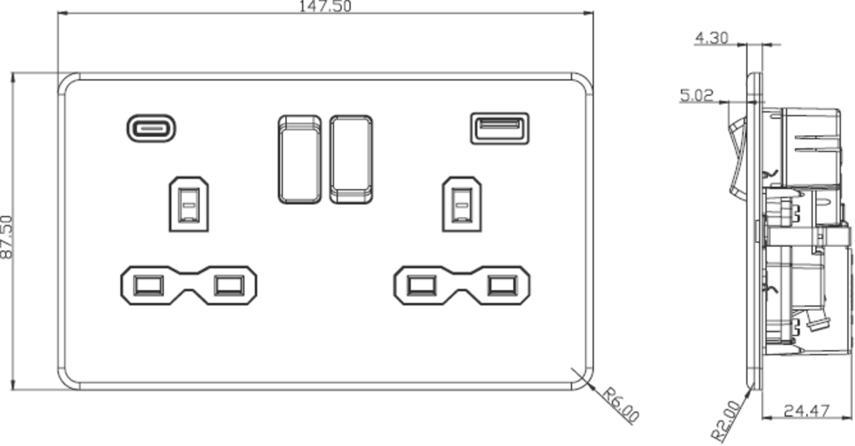 ML Accessories 13A 2G DP Switched Socket with Dual USB A+C, Fastcharge alternate view