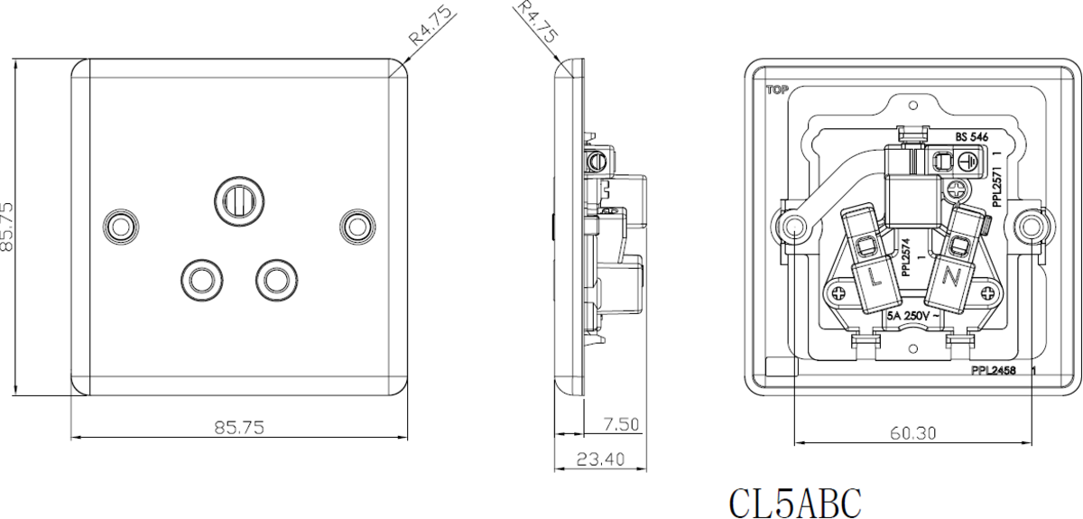 5A Unswitched Socket - Side View