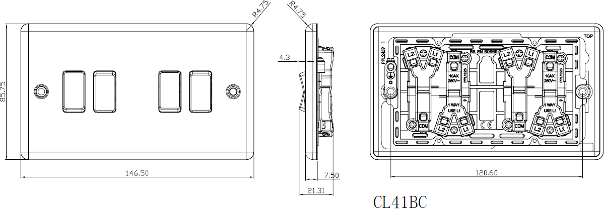 10AX 4G 2-way Switch - Brushed Chrome side view