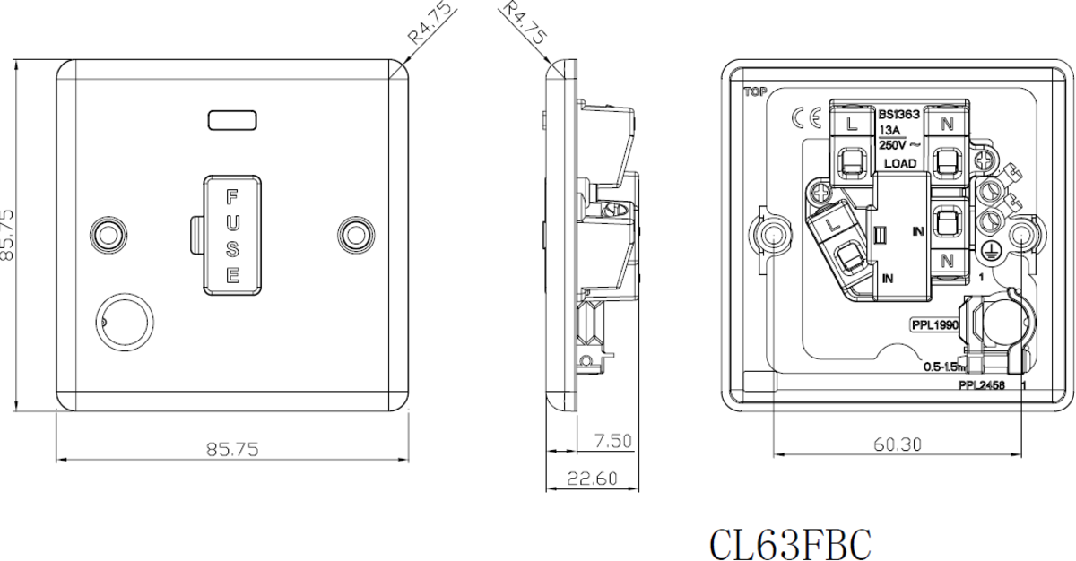 Detailed view of 13A Switched Fused Spur Unit with Neon