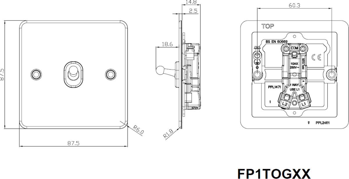 10AX 1G 2-way Toggle Switch - Brushed Brass Side View