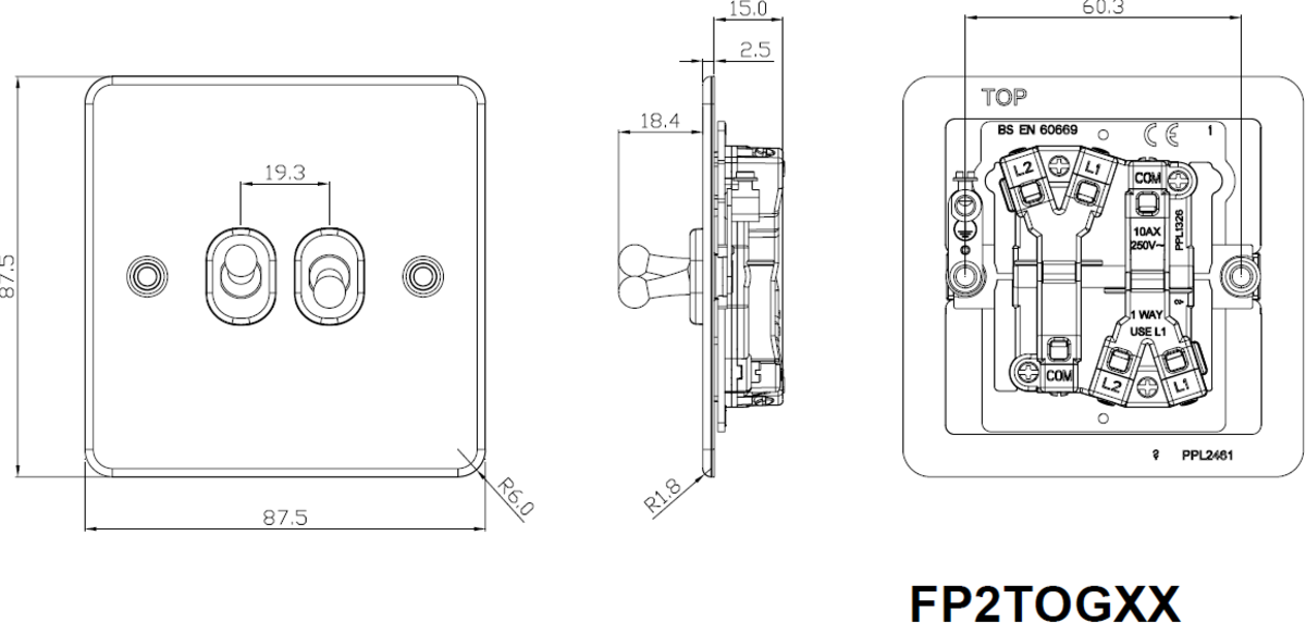 10AX 2G Toggle Switch Flat Plate Design - Brushed Brass