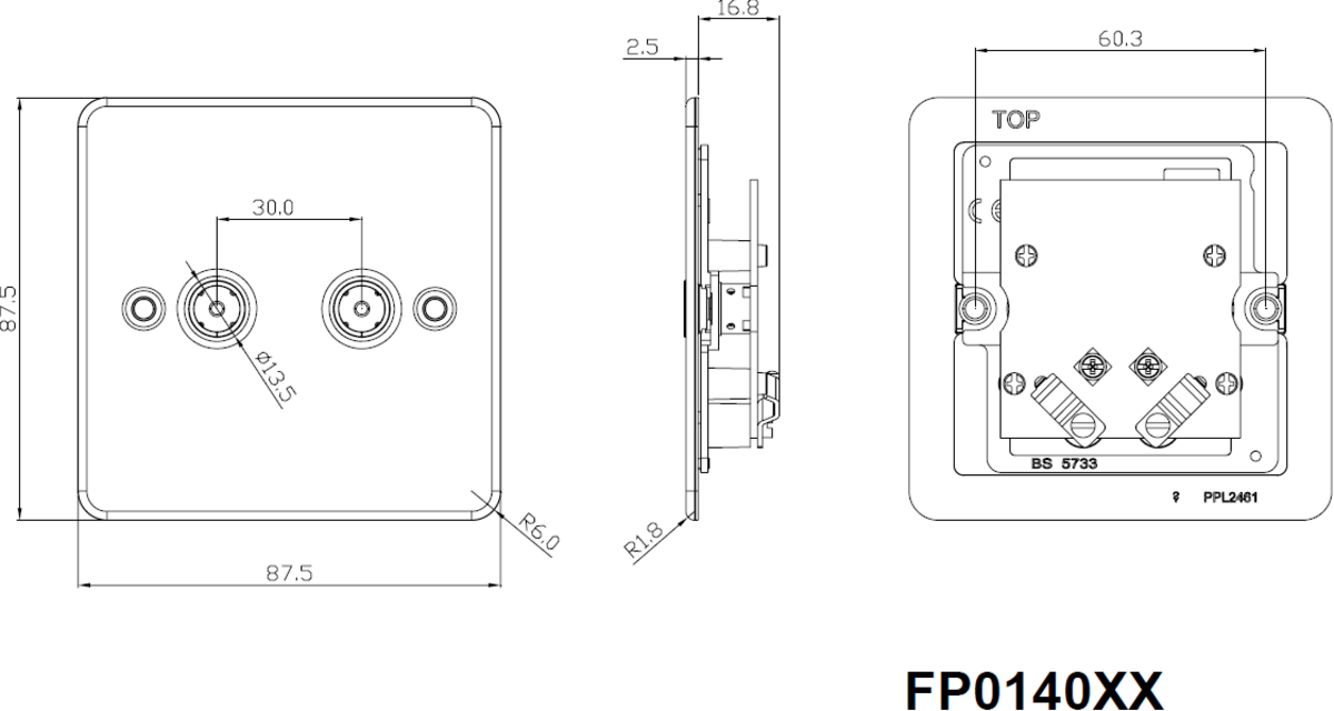 Flat Plate Isolated TV and SAT Outlet - Brushed Chrome