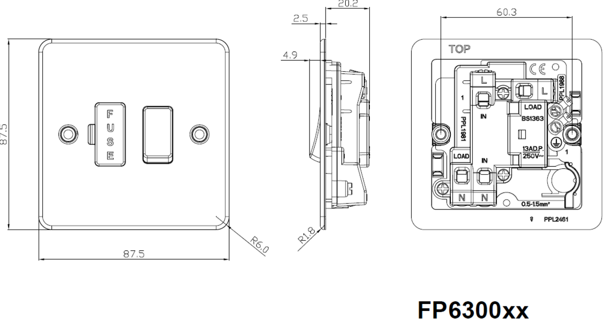 13A Switched Fused Spur Unit Side View - Polished Chrome