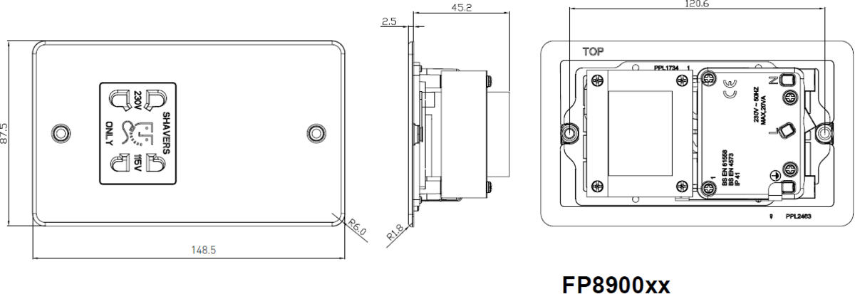 Flat Plate Gunmetal Dual Voltage Shaver Socket