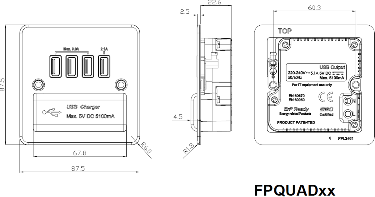 Additional view of 230V Quad USB-A Charger Outlet - Brushed Chrome