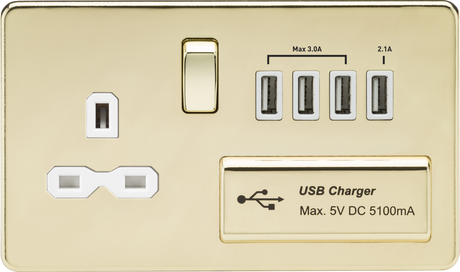 13A Switched Socket with Quad USB-A in Polished Brass with White Insert