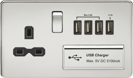 13A Switched Socket with Quad USB-A - Polished Chrome with Black Insert