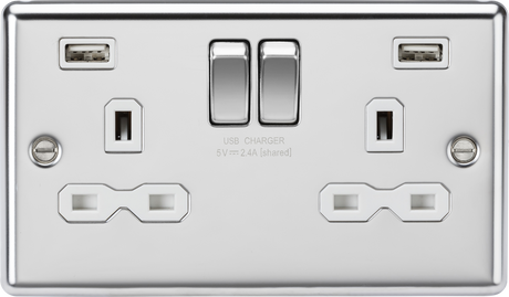 13A 2G SP Switched Socket with Dual USB A+A - Polished Chrome with White Insert