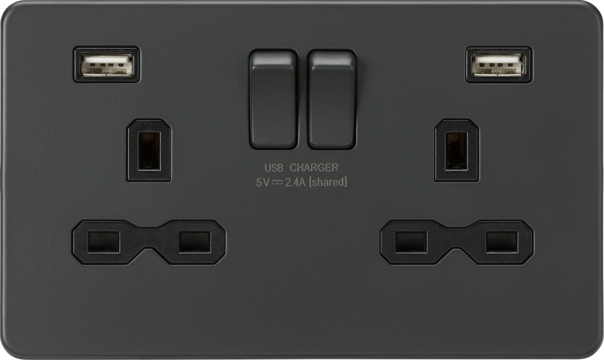 13A 2G SP Switched Socket with Dual USB Charger - Anthracite