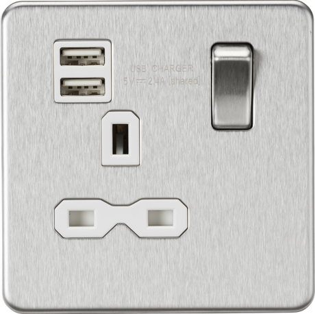 Brushed Chrome 13A Switched Socket with Dual USB Charger