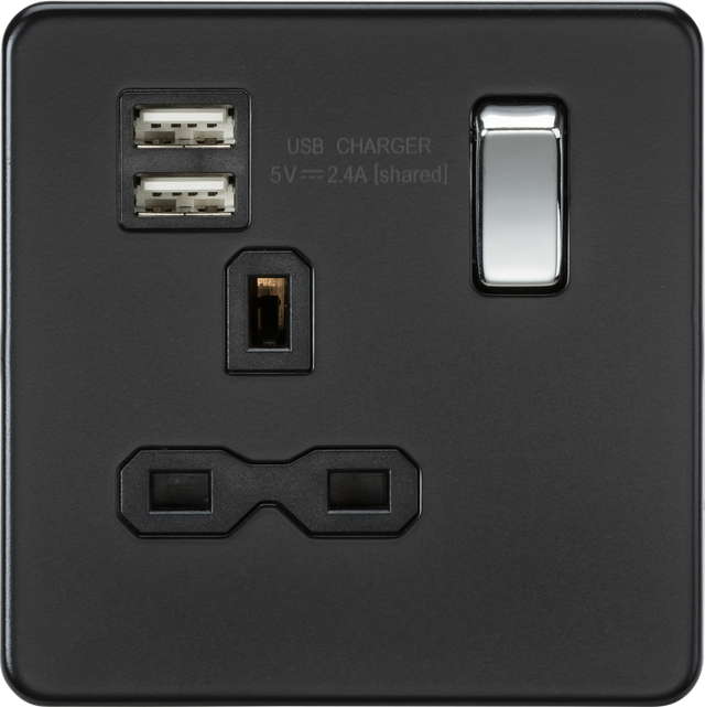 Matt Black 13A Switched Socket with Dual USB A+A - SFR9124MB