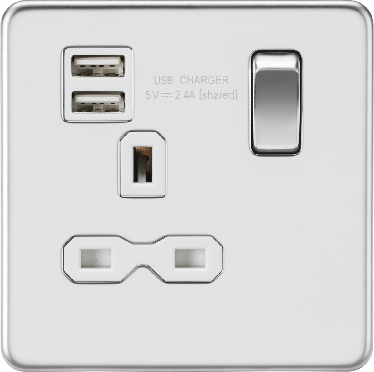 13A 1G Switched Socket with Dual USB A+A - Polished Chrome with White Insert