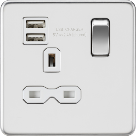 13A 1G Switched Socket with Dual USB A+A - Polished Chrome with White Insert