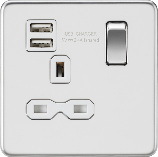 13A 1G Switched Socket with Dual USB A+A - Polished Chrome with White Insert