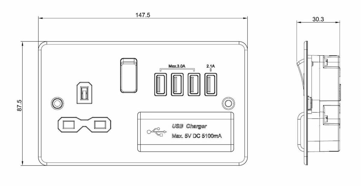 13A Switched Socket with Quad USB Charger - Additional View