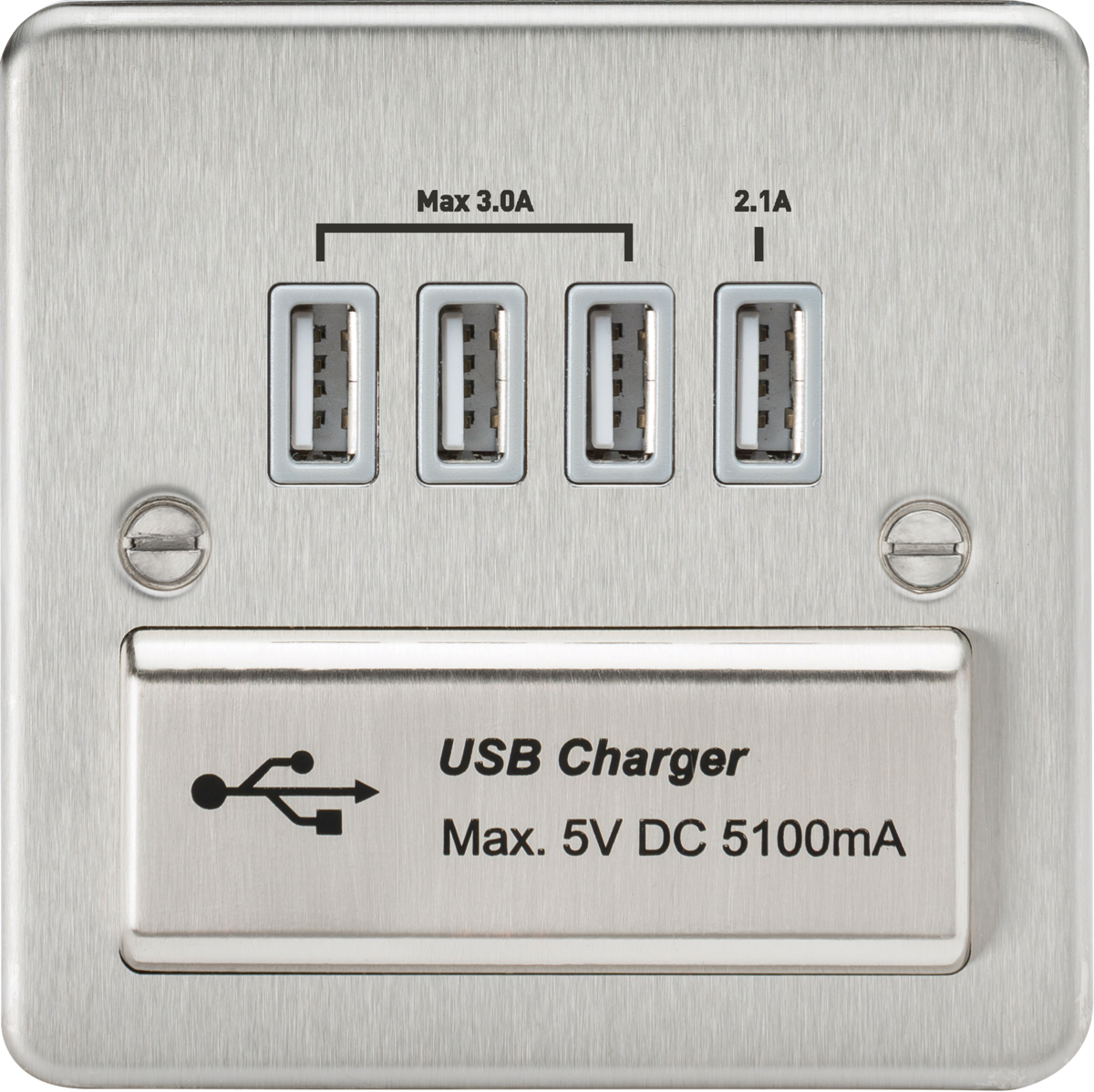 230V Quad USB-A Charger Outlet - Brushed Chrome with Grey Insert