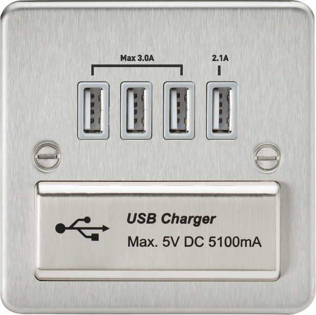 230V Quad USB-A Charger Outlet - Brushed Chrome with Grey Insert