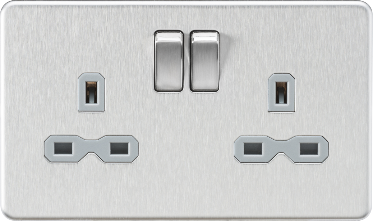 13A 2G DP Switched Socket - Brushed Chrome with Grey Insert