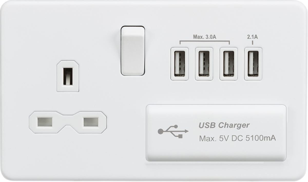 13A Switched Socket with Quad USB-A - Matt White