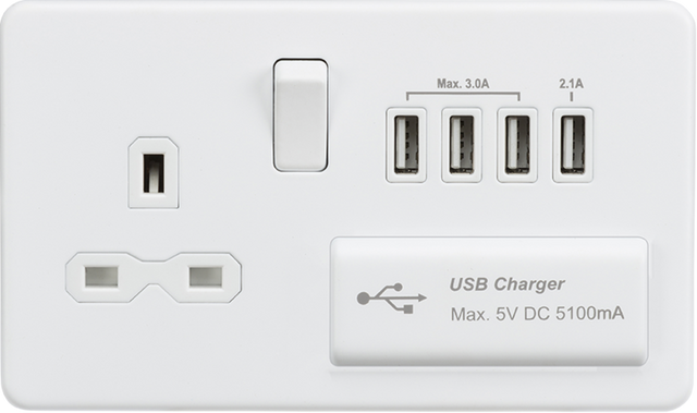 13A Switched Socket with Quad USB-A - Matt White