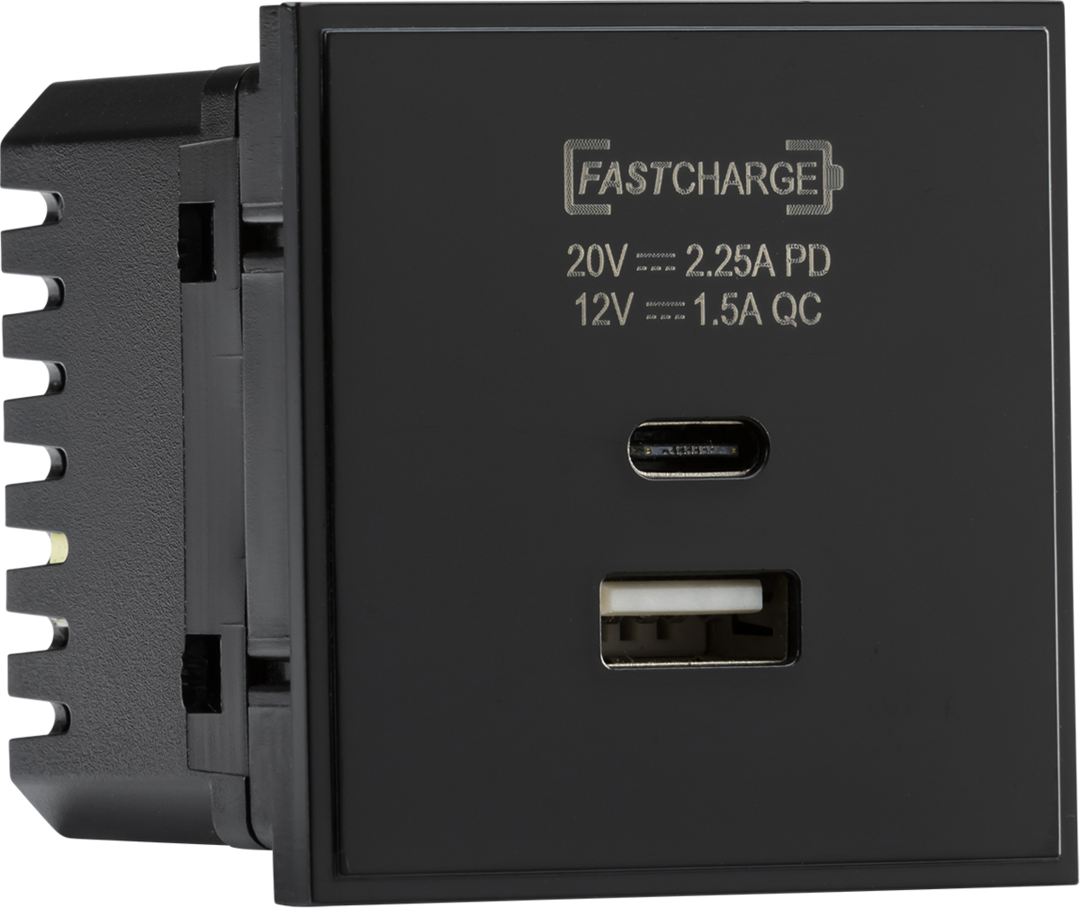 Dual USB A+C Charger Module 20V DC 2.25A Max 45W Black