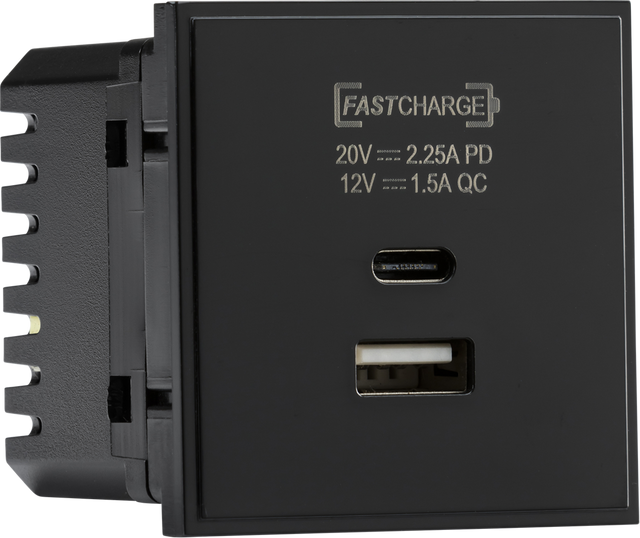 Dual USB A+C Charger Module 20V DC 2.25A Max 45W Black
