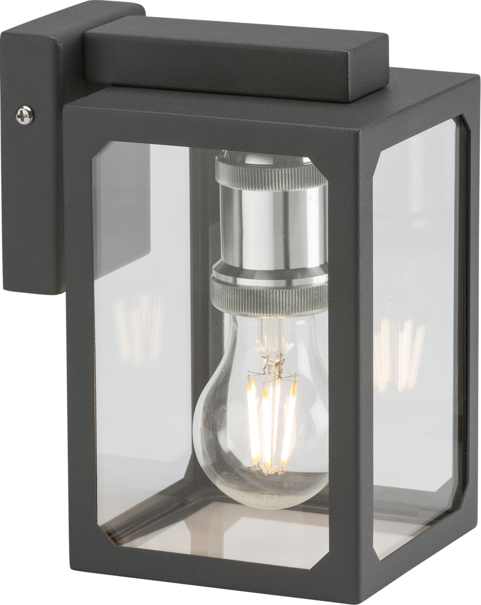 230V IP23 E27 Wall Lantern - Anthracite, Stainless Steel with Clear Glass