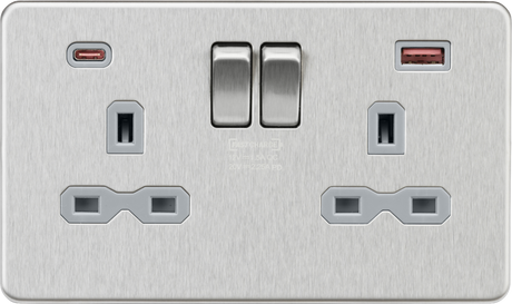 13A 2G DP Switched Socket with Dual USB A+C - Brushed Chrome