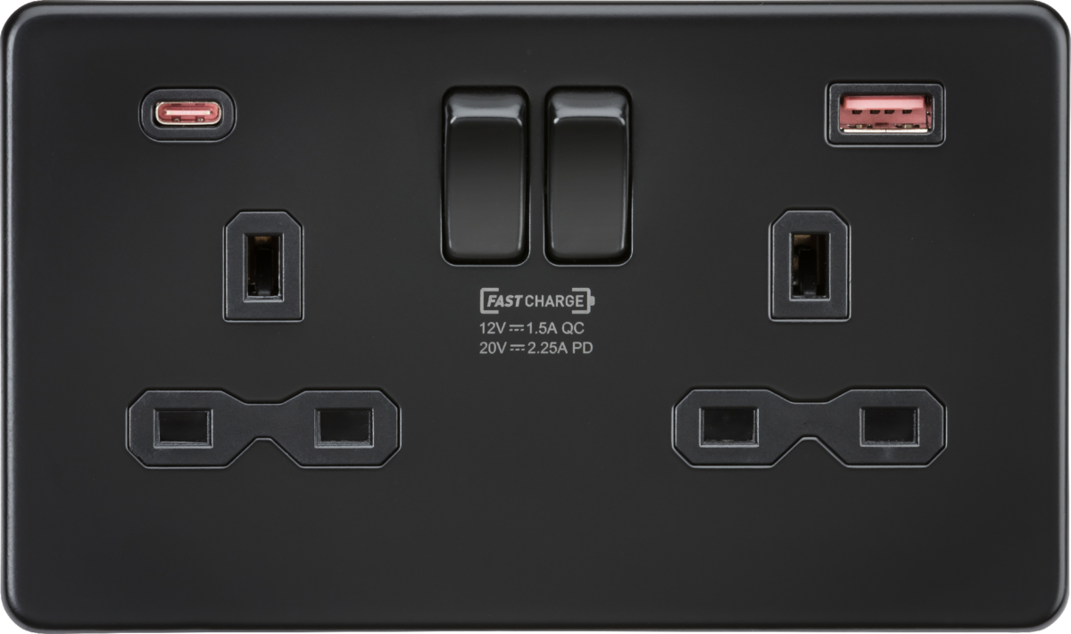 13A 2G DP Switched Socket with Dual USB A+C - Matt Black