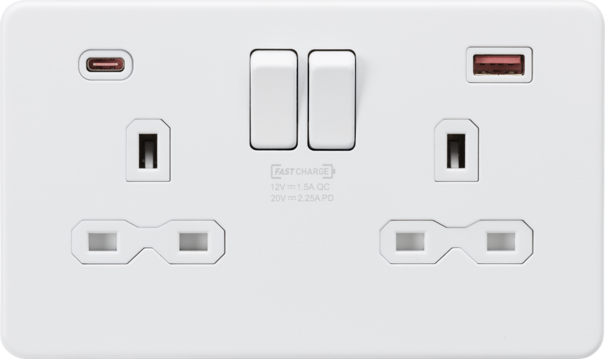 ML Accessories 13A 2G DP Switched Socket with Dual USB A+C, Fastcharge - Matt White