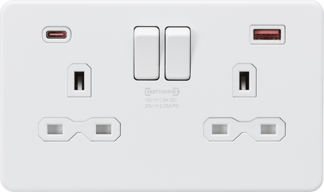 ML Accessories 13A 2G DP Switched Socket with Dual USB A+C, Fastcharge - Matt White