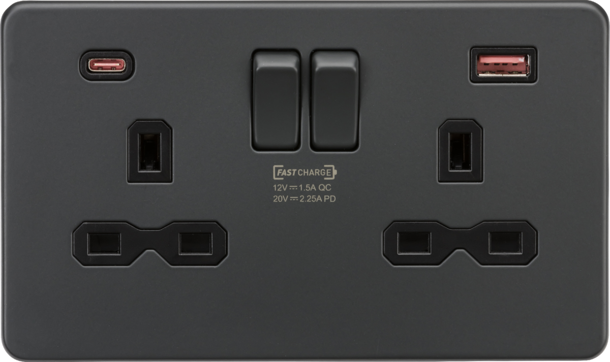 13A 2G DP Switched Socket with Dual USB A+C - Anthracite