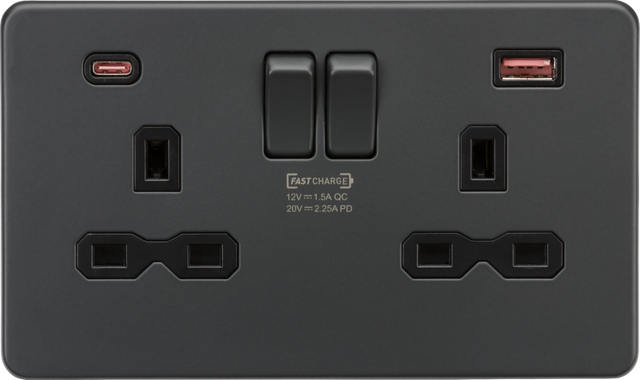 13A 2G DP Switched Socket with Dual USB A+C - Anthracite