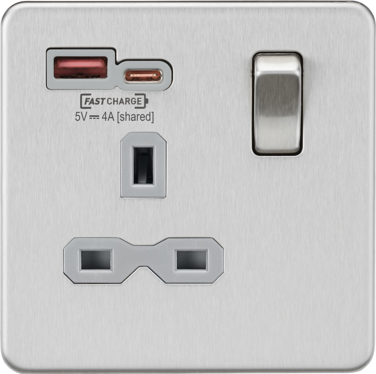 13A 1G Switched Socket with Dual USB A+C - Brushed Chrome