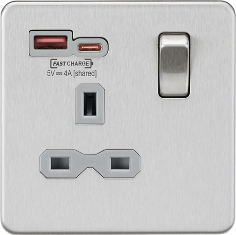 13A 1G Switched Socket with Dual USB A+C - Brushed Chrome