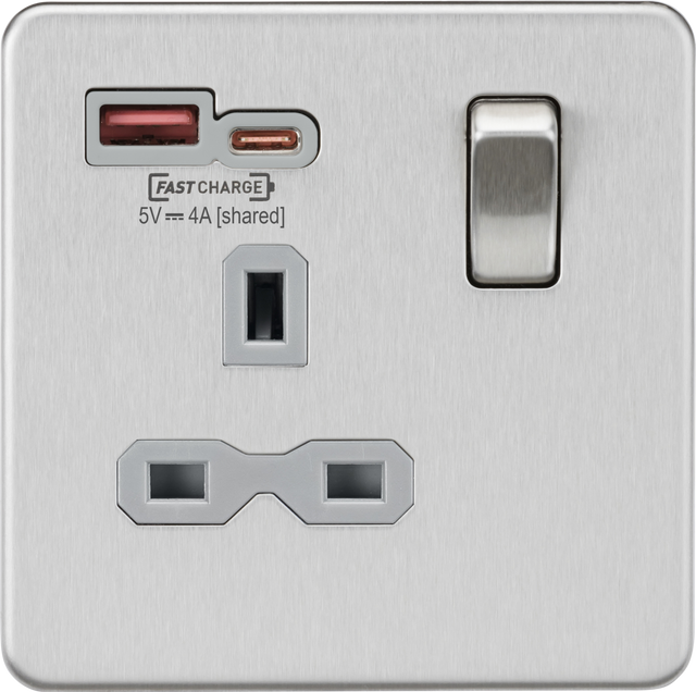 13A 1G Switched Socket with Dual USB A+C - Brushed Chrome