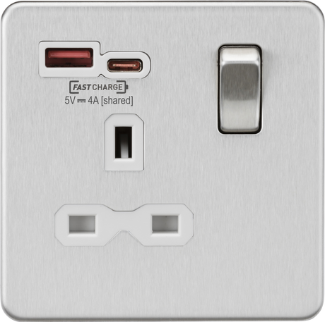 13A 1G SP Switched Socket with Dual USB A+C in Brushed Chrome finish