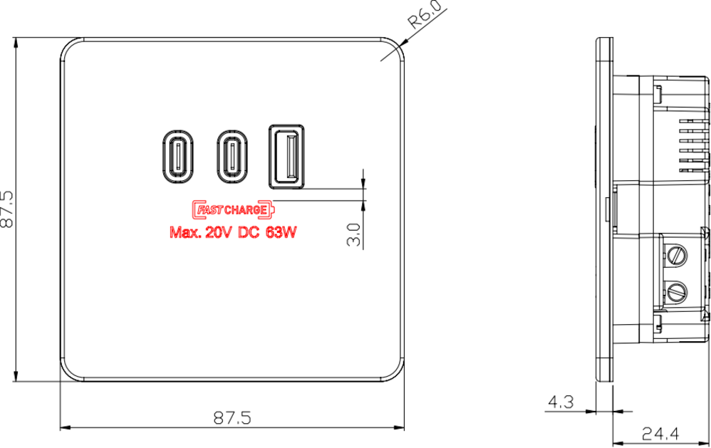 230V Triple USB Charger Plate - Matt Black