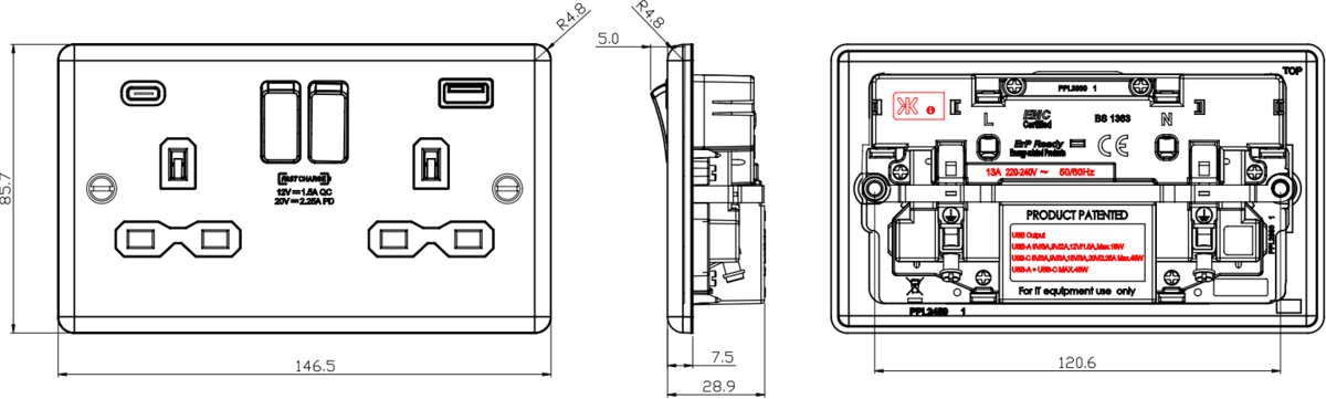 13A 2G DP Switched Socket with Dual USB A+C Side View