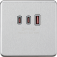 230V Triple USB Charger Plate - Brushed Chrome with Grey Insert