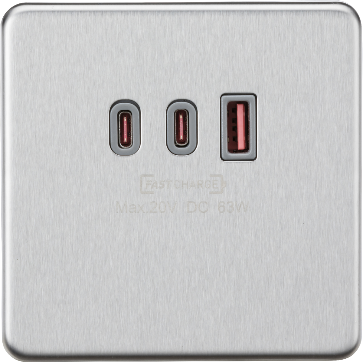 230V Triple USB Charger Plate - Brushed Chrome with Grey Insert