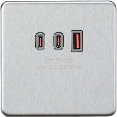 230V Triple USB Charger Plate - Brushed Chrome with Grey Insert